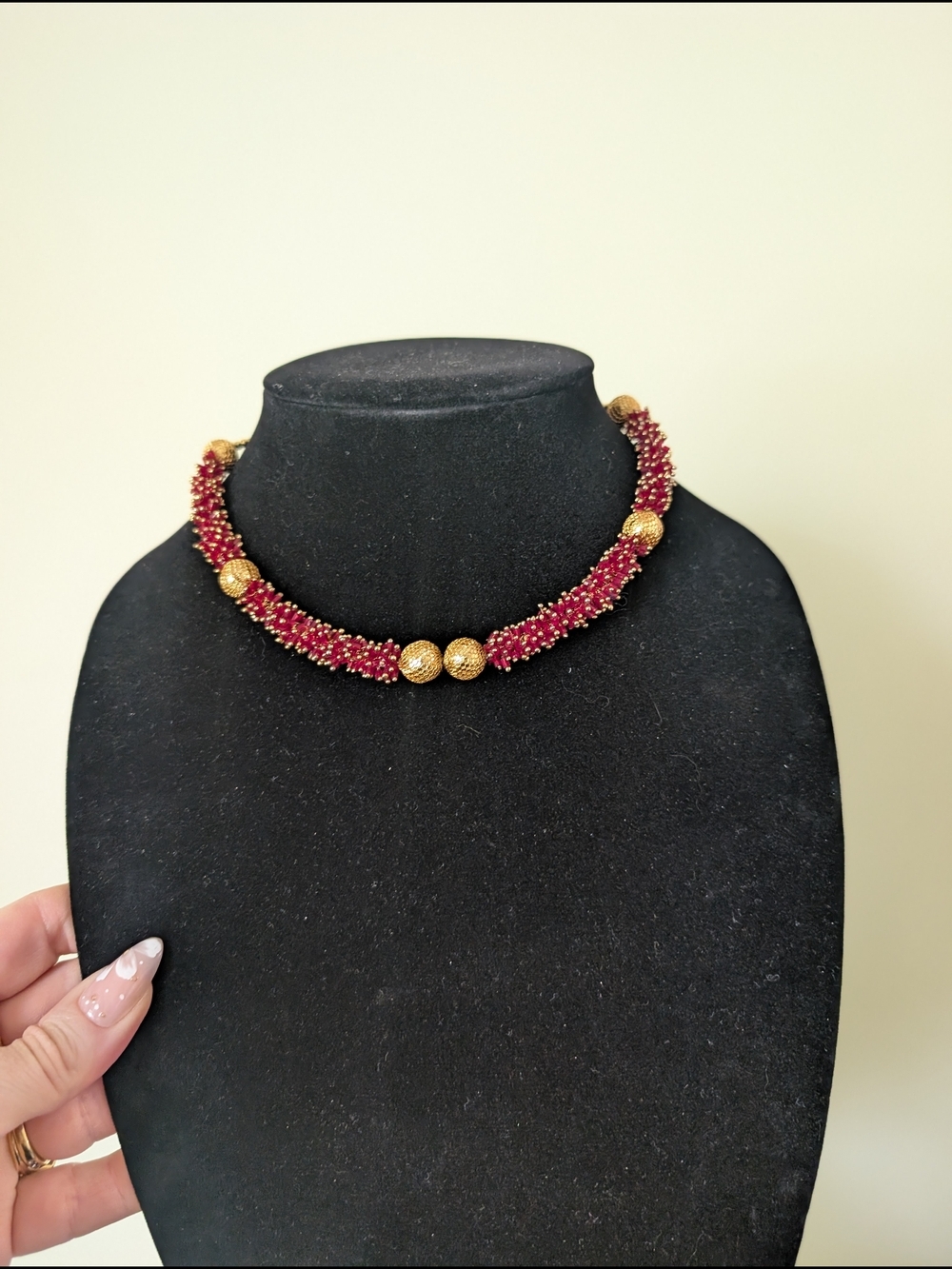 Handcrafted Ruby Red Beaded Choker Necklace with Gold Accent